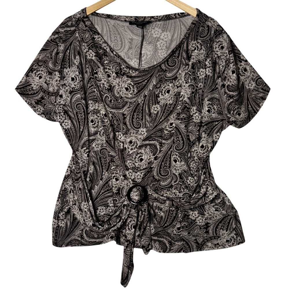 Perceptions Womens Size Large XL Brown Paisley Buckle Front Blouse Top  Approx